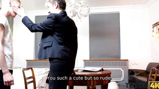 TUTOR4K. mom wearing official suit makes younger dude go filthy about fucking