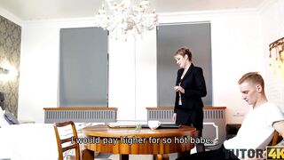 TUTOR4K. mom wearing official suit makes younger dude go filthy about fucking