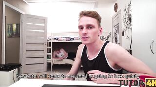 TUTOR4K. Young man pulled leggings down baring erect penis for homemade professor
