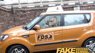 Fake Driving School Babe strap on fun for new huge boobies driver