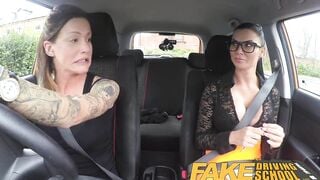 Fake Driving School Babe strap on fun for new huge boobies driver