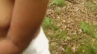 Sexsual blonde makes scene into the bush, masturbating!