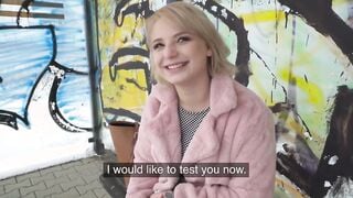 Outdoor Agent Short hair blonde amateur teenagers with soft natural body picked up as bus stop