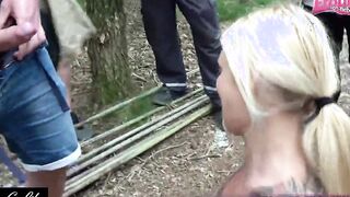 German parking slut, skinny 18 getting cummed in forest gang bang