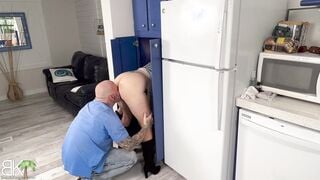 I get my LONG BUTT STUCK inside the cabinet and my husband FUCKS me and CREAMPIES ME!