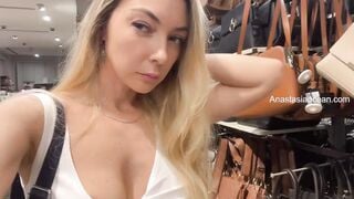 flashing nipples into mall store. outdoor. Skank walk. No bra