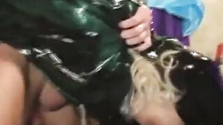 Wrapped inside plastic pretty blonde gets cum into her mouth