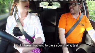 Vehicle instructor fucks dark haired BBW into soak cunt into vehicle