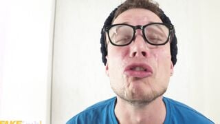 FAKEhub - Bombshell punjab British celeb with long butt and tiny titted licks the cum of dorks glasses after he accidentally jizzes on his own face