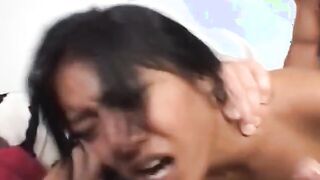 Hottie dark haired is pleased by 2 dicks, 1 of them is ebony