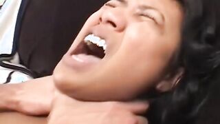 Hottie dark haired is pleased by 2 dicks, 1 of them is ebony