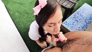 Daddy daddy do you like it like that? My step daughter clothed as a sch00lgirl fucks me without a condom and I cum into