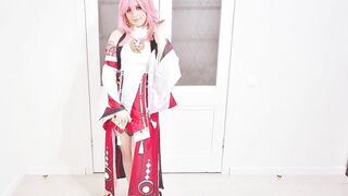 Crazy gamer's dream about Yae Miko from Genshin Impact: Hard sex until jizzed on pure pink twat