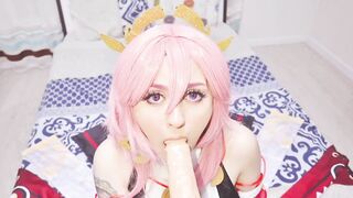 Crazy gamer's dream about Yae Miko from Genshin Impact: Hard sex until jizzed on pure pink twat