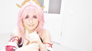 Crazy gamer's dream about Yae Miko from Genshin Impact: Hard sex until jizzed on pure pink twat