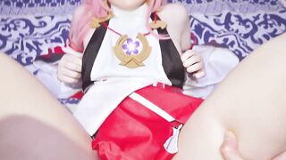 Crazy gamer's dream about Yae Miko from Genshin Impact: Hard sex until jizzed on pure pink twat