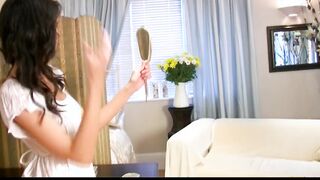 Playful 18 yo dark haired massages her great body with oil