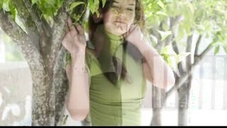 Slender dark hair teen gets nude down and masturbates outside