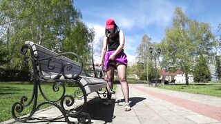 Voyeur into outdoor places looks under the skirts of girls with juicy butts.
