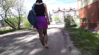 Voyeur into outdoor places looks under the skirts of girls with juicy butts.