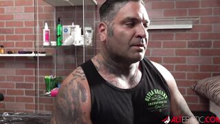 Big Titted tattooed up bombshell Amber Luke is inside the shop for a new tattoo