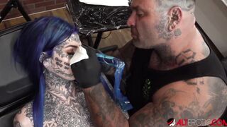 Big Titted tattooed up bombshell Amber Luke is inside the shop for a new tattoo
