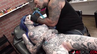 Big Titted tattooed up bombshell Amber Luke is inside the shop for a new tattoo