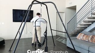 CUM4K Dark Hair Spreads Legs For Swing Boned