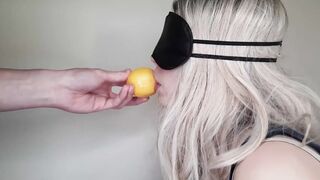 Blindfolded dumb friend's ex-wife tricked in sucking off my penis and swallowing cum with the taste game.