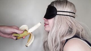 Blindfolded dumb friend's ex-wife tricked in sucking off my penis and swallowing cum with the taste game.
