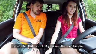 Red Head thot banged outside inside the vehicle by driving tutor