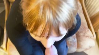 teenie years older red head from Tinder blows old man with huge fat penis on the first date