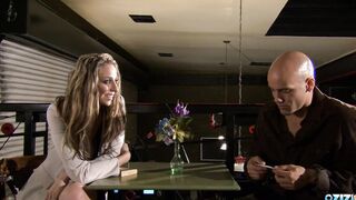 A blonde waitress with long jugs gets a snatch creampie after anal with the cook