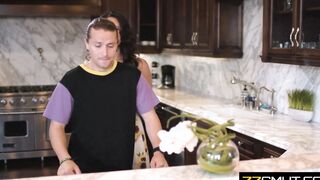 Stepson helps with cleaning the kitchen