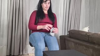 bimbos displays her long foot, big foot from shoes to barefoot