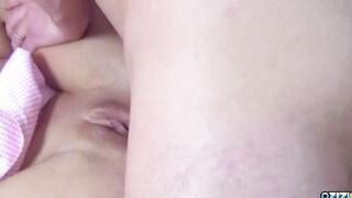 By seductively licking her lollipop the blonde lures into his huge penis for anal drilling
