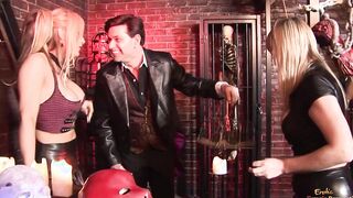 2 blonde chicks fucking with the same bro inside the sex dungeon