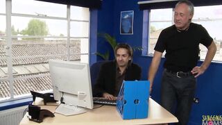 She surprises her hubby at work by bringing a dick hungry 18 yo for group sex