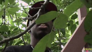 2 lusty friends spy on a Bombshell MILF sexy sunbathing and have an interracial 3 way