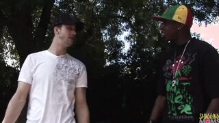 2 lusty friends spy on a Bombshell MILF sexy sunbathing and have an interracial 3 way
