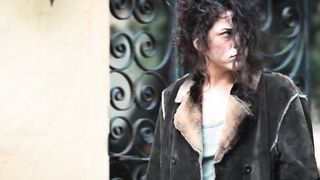 Street twat with mouth finds a used condom in the trash of