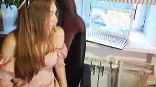 A chick watches HER PORN and MASTURBATES: Rough Fucked with a Gag inside her Mouth