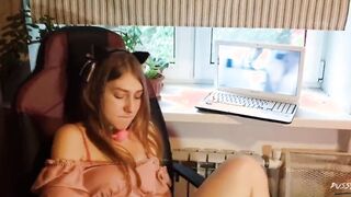 A chick watches HER PORN and MASTURBATES: Rough Fucked with a Gag inside her Mouth