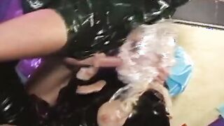Wrapped inside plastic amazingly hot blonde gets cum inside her mouth
