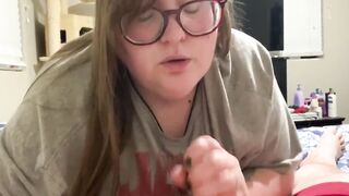 Amateur BBW mom close point of view swallowing his load topless during shark week
