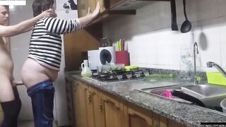 She has arrived from shopping and they nailed inside the kitchen
