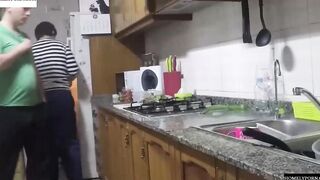She has arrived from shopping and they nailed inside the kitchen