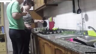 She has arrived from shopping and they nailed inside the kitchen