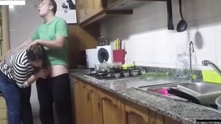 She has arrived from shopping and they nailed inside the kitchen