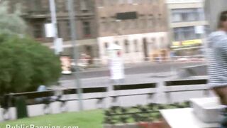A young adorable cunt with mouth with two friends outside street sex three-way gang bang by a world famous statue at the central square fucking her small soak snatch inside turn and shove their huge rough dicks into her deep throat oral erotic risky adven
